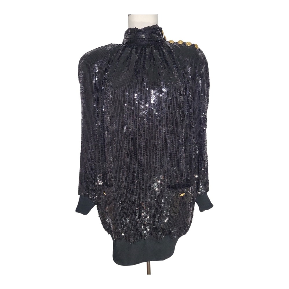 Vintage 1980s Jeanette for St. Martin Custom Sweater Dress Black Sequin Draped S